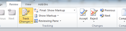 Tracking group on ribbon in Word Tracking group on ribbon in Word.