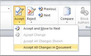 Accept change button on ribbon in Word Accept change button on ribbon in Word.