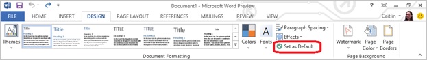 Screenshot of the design tab with the Set as default button highlighted