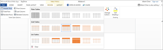 Table Styles dropdown menu