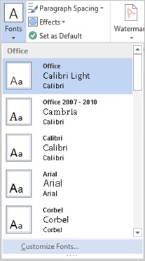 Screenshot of the theme fonts drop down on the design tab