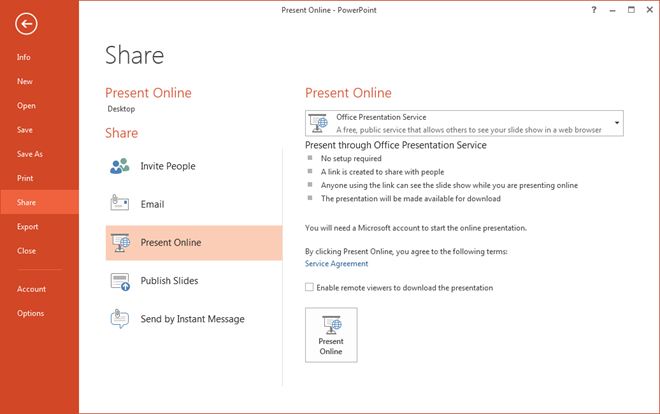 Present Online option window