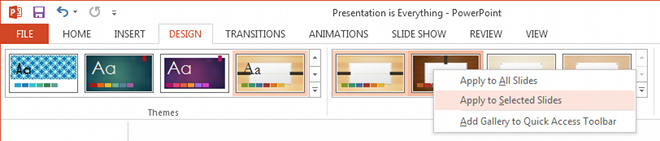 PPT Design menu with "apply to selected slides" highlighted