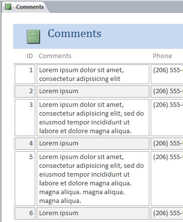 An Access report showing automatically-sized text boxes An Access report showing automatically-sized text boxes