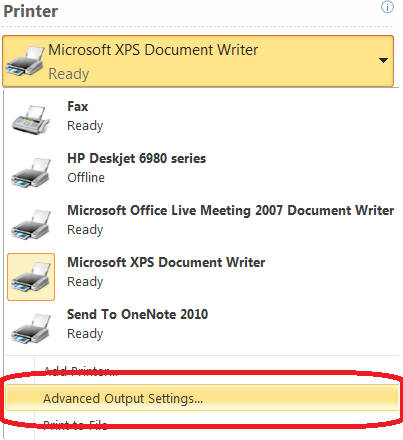 Printer settings dialog box Printer settings dialog box