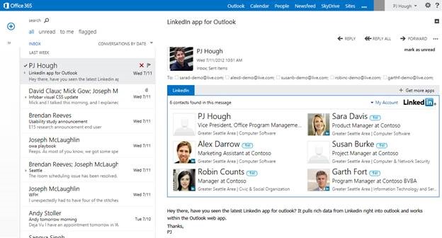clip_image006 The LinkedIn app for Outlook activated in OWA, showing information about all the people included in an email conversation