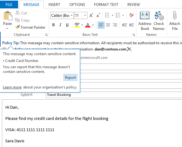 email message window with a "policy tip notification banner"
