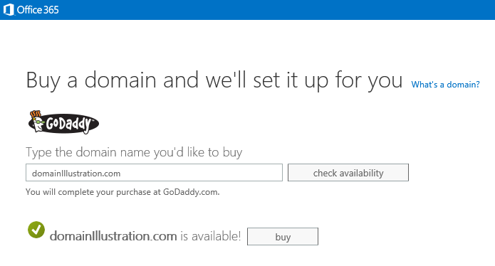 Office Admin Center buy a domain: domain is shown as available