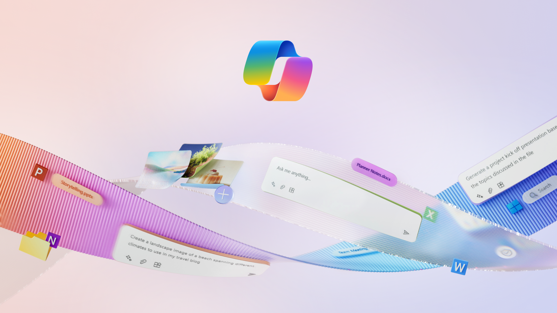 A decorative image with the Copilot logo in the center and a ribbon of Microsoft logos and sample Copilot prompts below