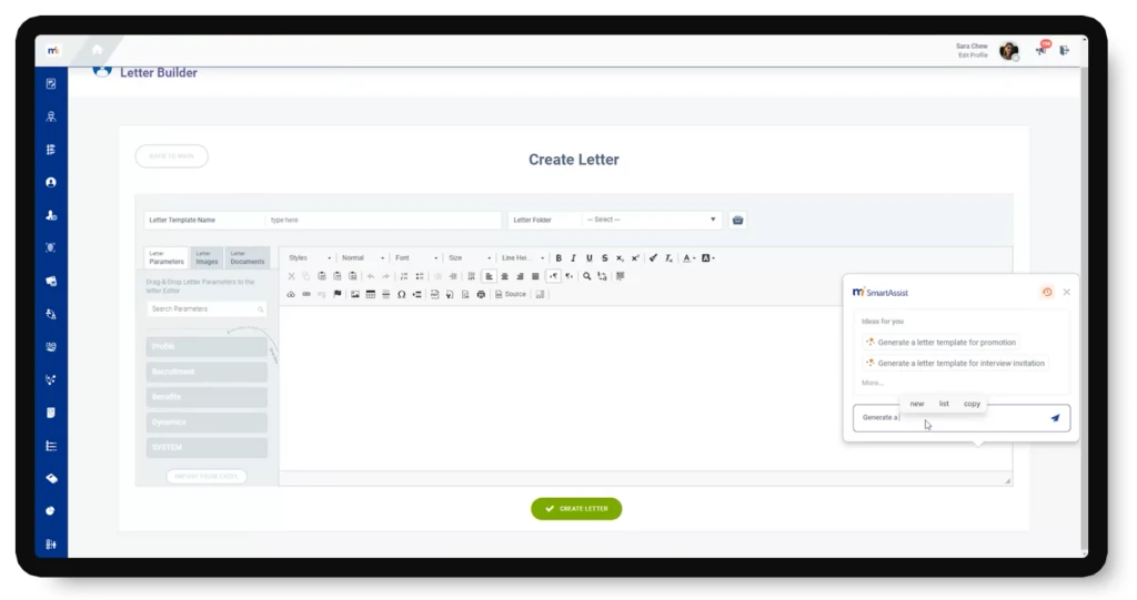 Demonstration image Smart Assist. User can build letters using copilot technology. Shows editing screen to create and edit custom letters.