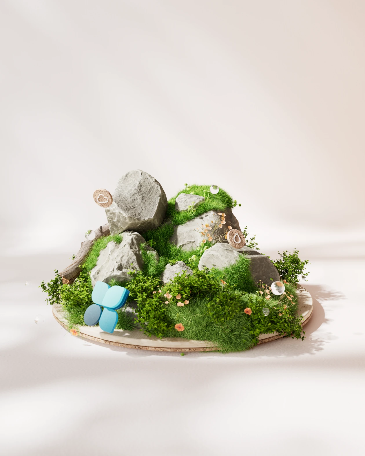 Decorative image of small hillock of rocks, grass, and moss with flowers and abstract elements in a white room.