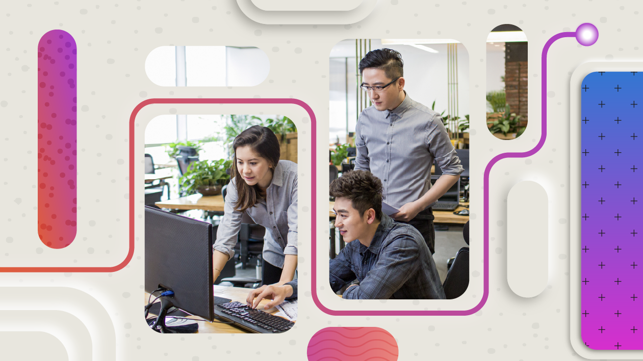A group of people standing in front of a computer with a decorative abstract overlay of shapes and lines in purple, pink, and reds.