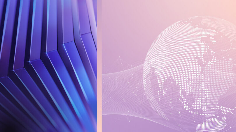 Split image featuring layered, angular panels beside a dotted globe with flowing lines showing global connections.