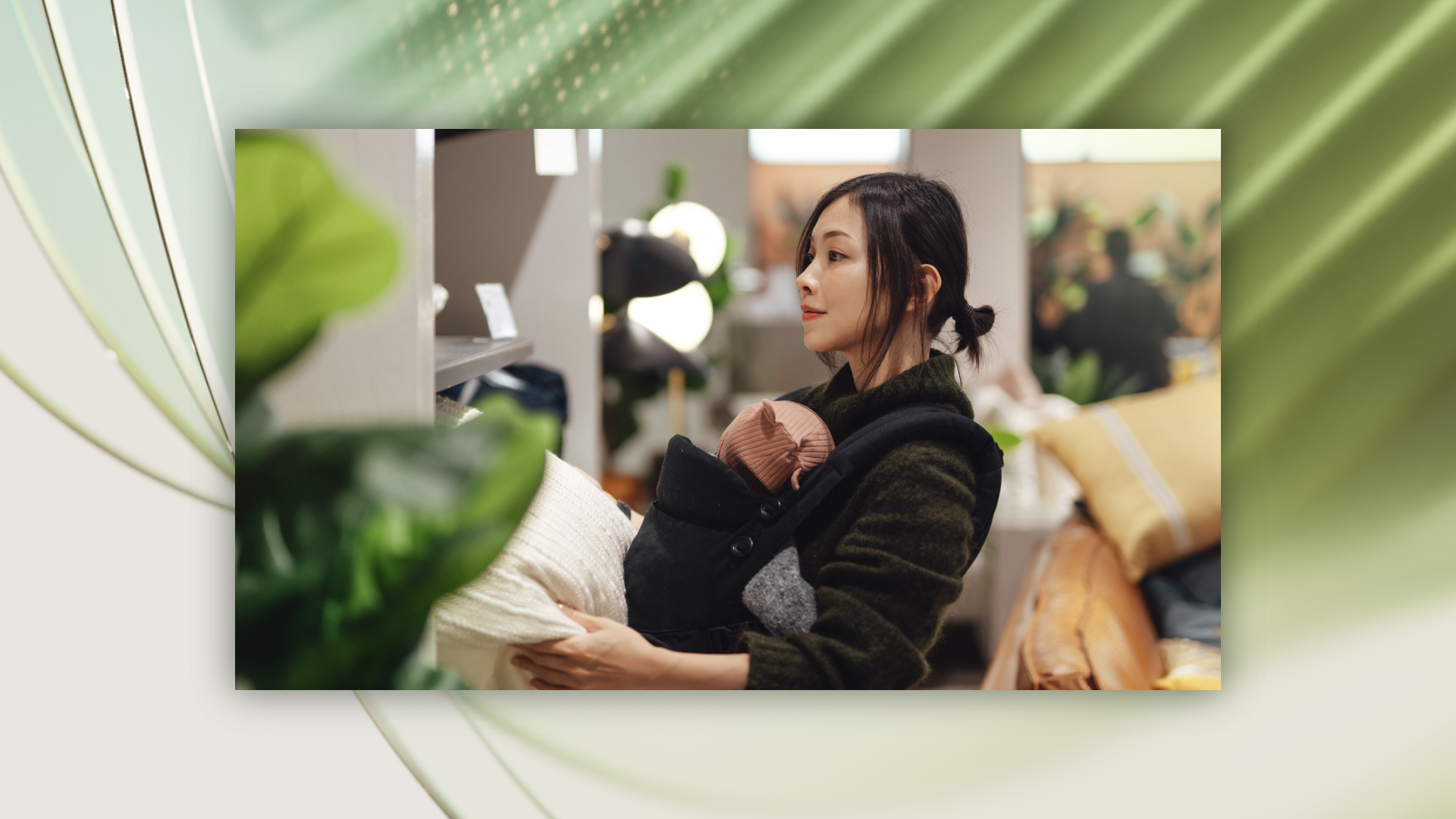 Woman holding an infant in a baby carrier while browsing items in a retail store.
