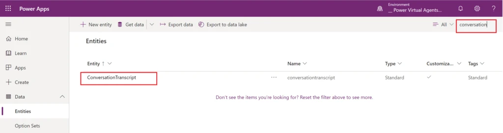 Entities tab screenshot