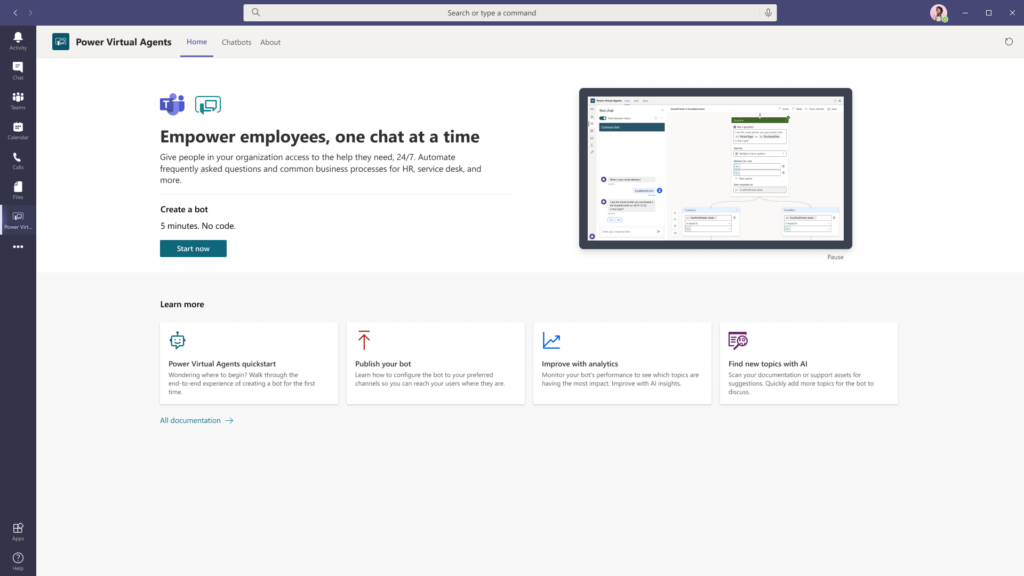 The bot authoring experience is embedded in Teams.