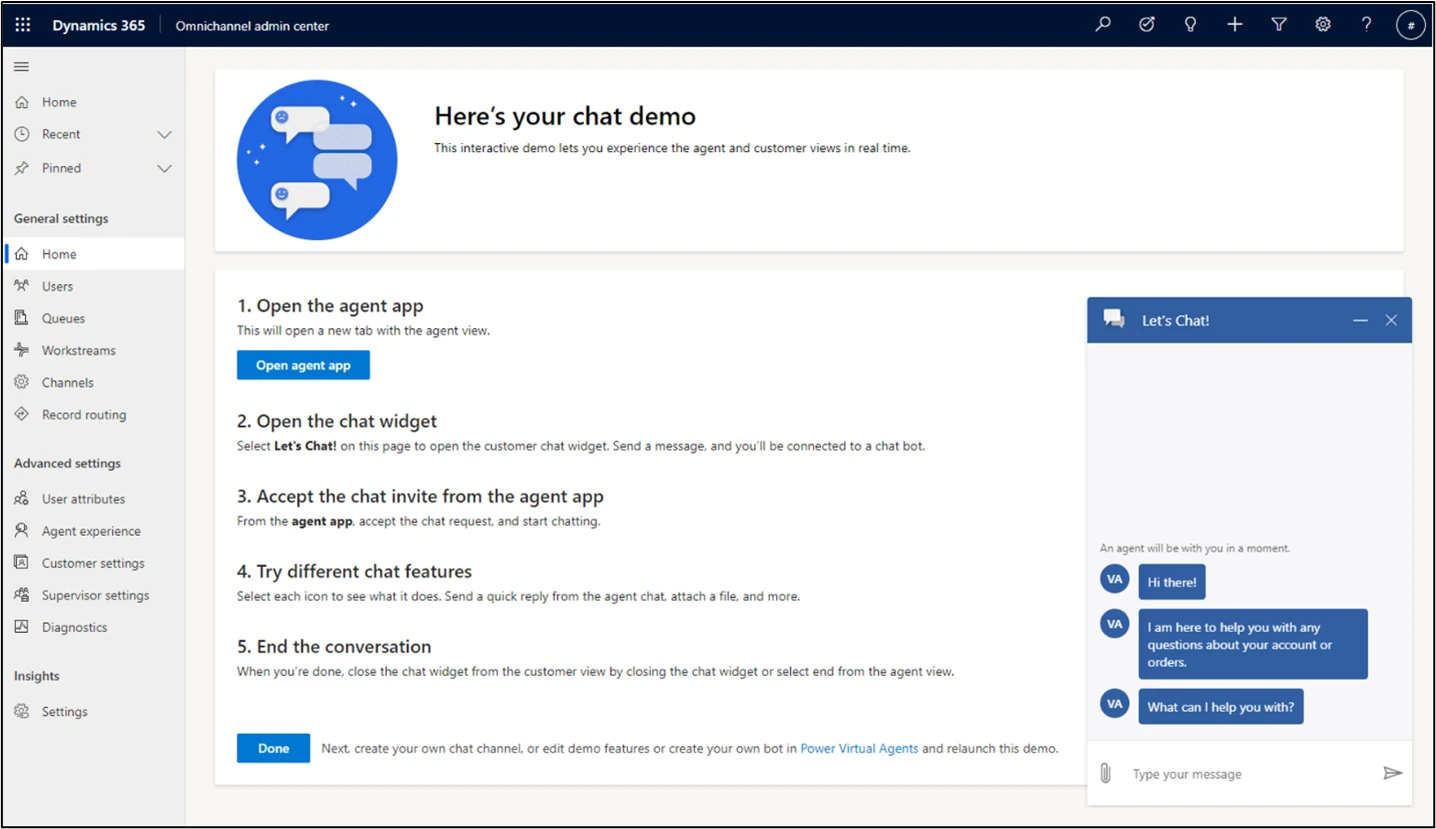 Figure 5.&nbsp; Power Virtual Agents bot created as part of Omnichannel first run experience