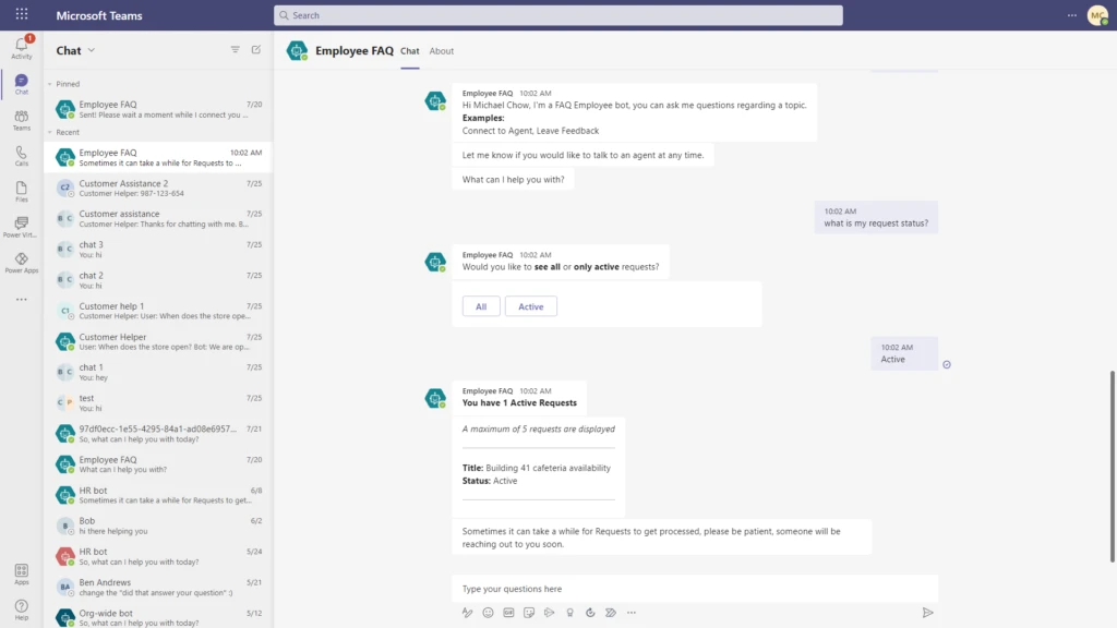 Figure 3 - Employee looking up their escalation request status in Teams