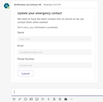 Screenshot of Power Virtual Agents adaptive card sent
