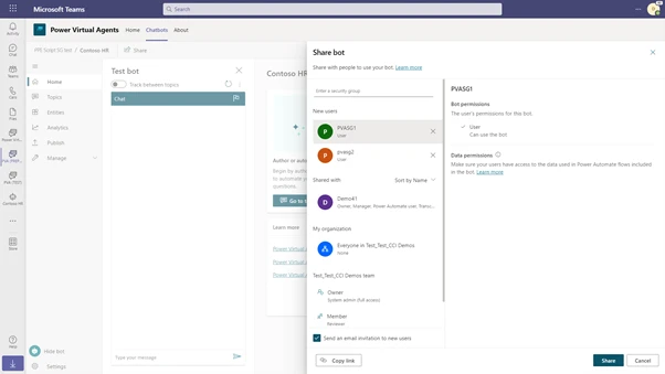 Screenshot of sharing a Power Virtual Agent bot in Microsoft Teams