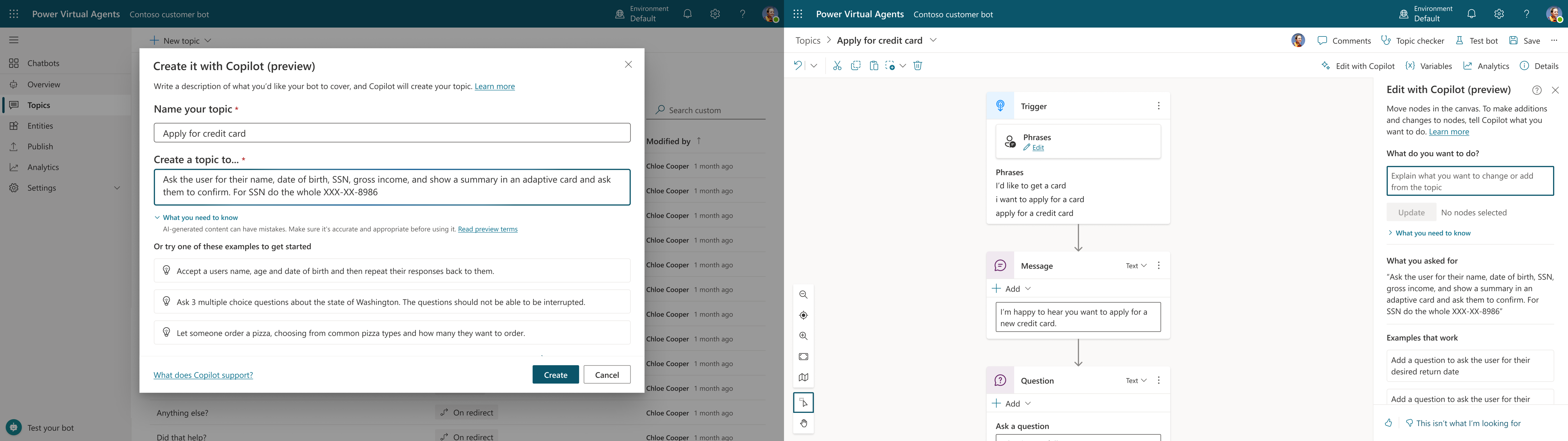 Power Virtual Agents graphical interface showcasing the new Copilot experience where you can provide a name and description of the bot topic and Copilot will build it.