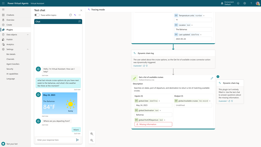 Screenshot demonstrating how to test generative actions tracing and watch the chain log progress.