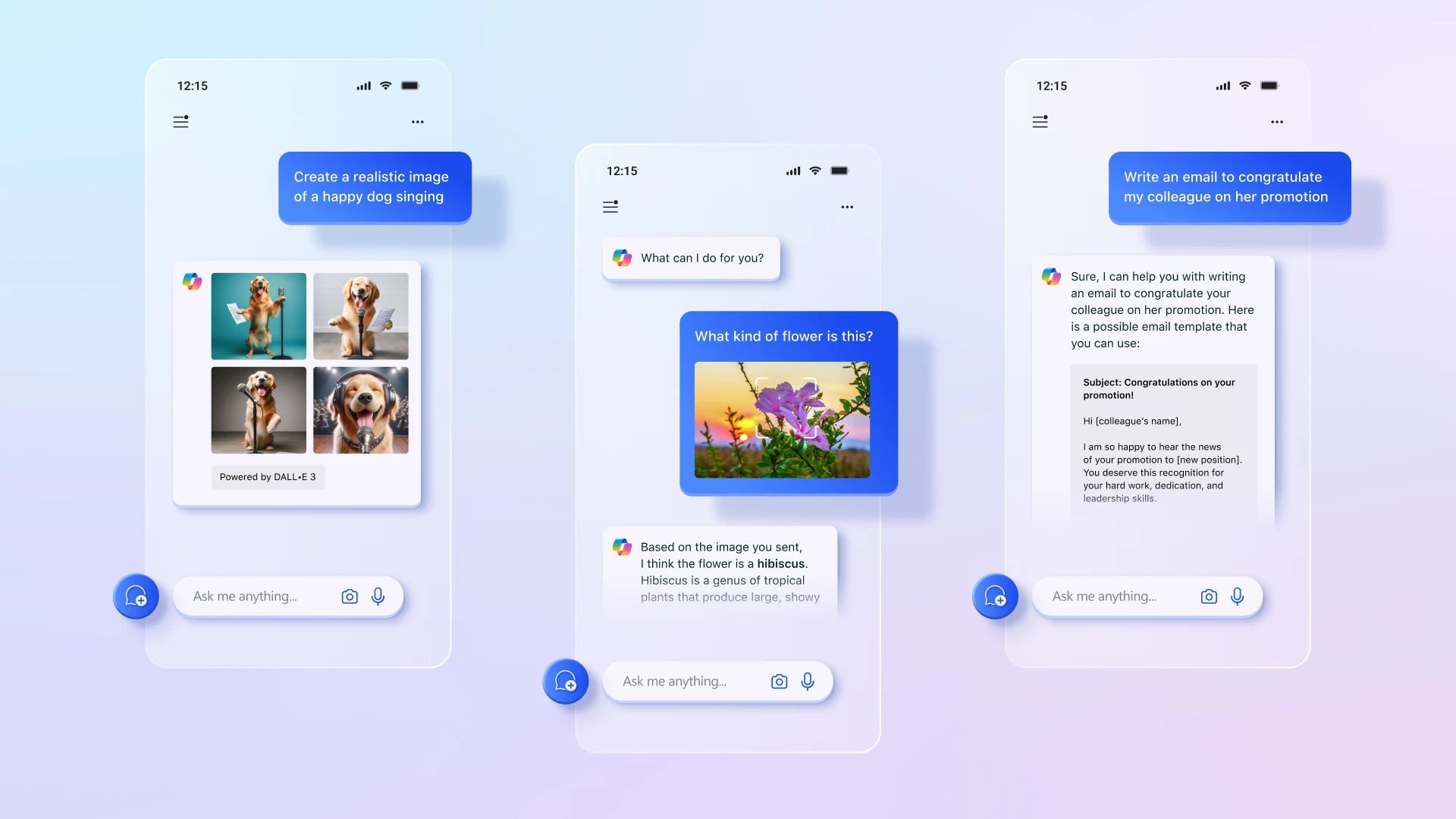 A graphic of prompts entered into the Microsoft Copilot app, examples of questions and requests submitted to the app with results from Copilot showing