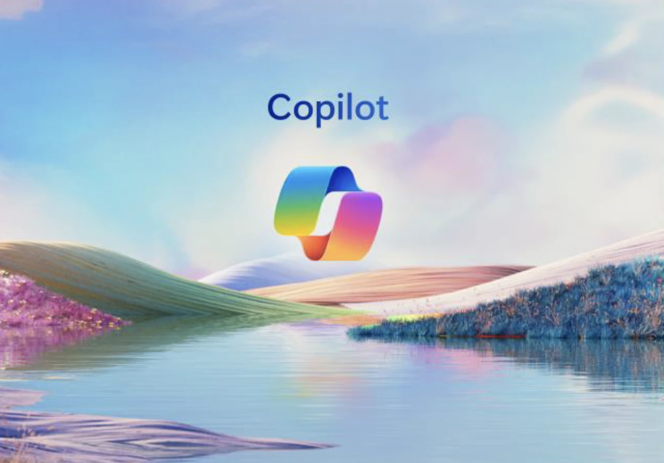 A decorative graphic including the Microsoft Copilot logo over a body of water with colorful rolling hills and sky above