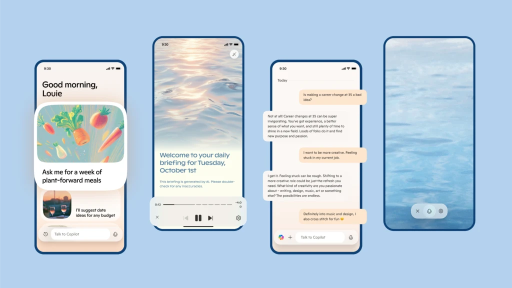 Four phone screens depicting Copilot app
