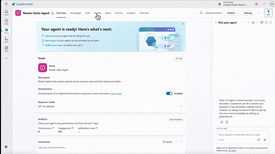 A gif showing the process of choosing a Fabric data agent in Copilot Studio