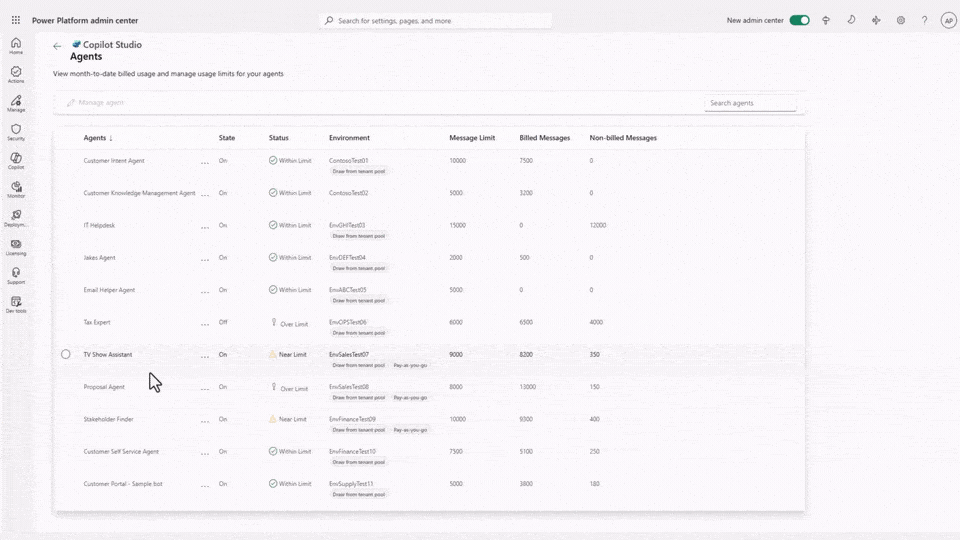 A gif showing how to assign capacity for a specific agent in the Power Platform admin center
