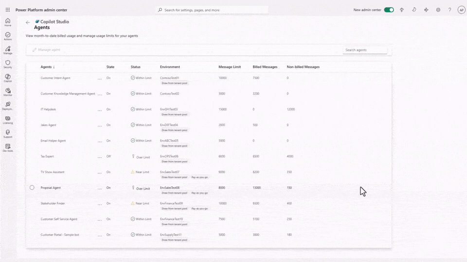 A gif showing how to turn off a quarantined agent in the Power Platform admin center