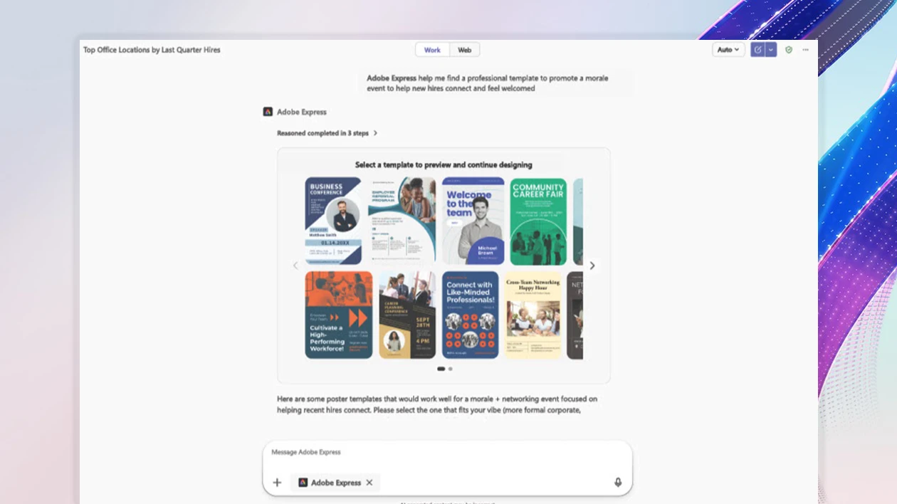 Microsoft 365 Copilot interface showing a chat titled Top office locations by last quarter hires and Adobe Express capability within the chat