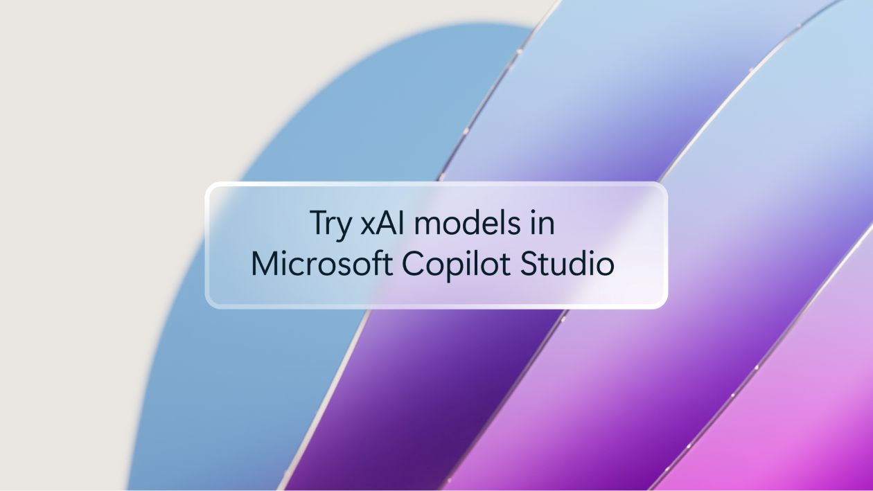 The words try xAI models in Microsoft Copilot Studio appearing on a blue, magenta, and purple background