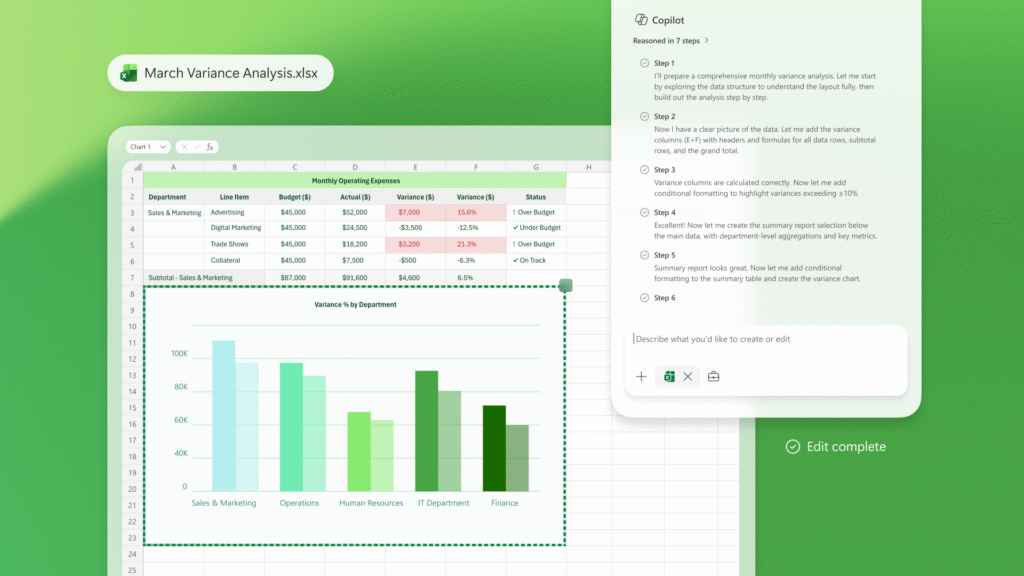 A decorative image showing Copilot analyze business data in Excel.