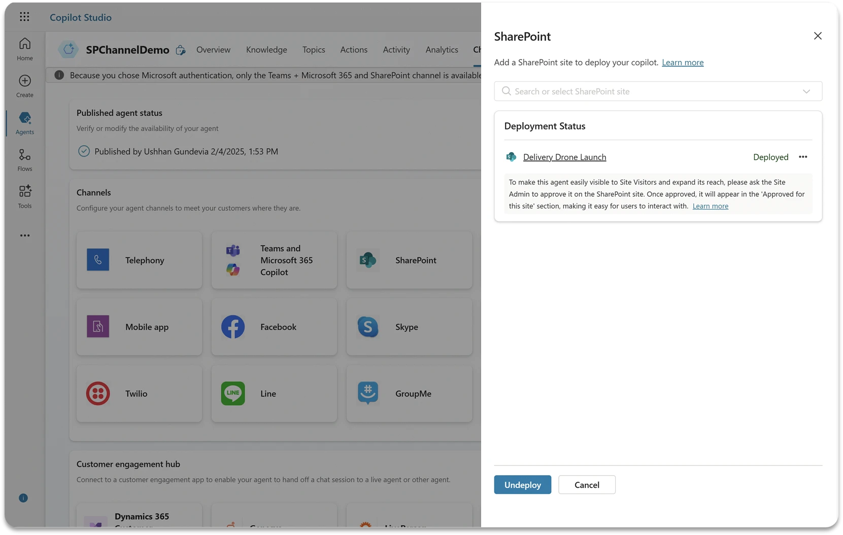 Copilot Studio Channels tab, depicting a maker deploying an agent to a SharePoint site.