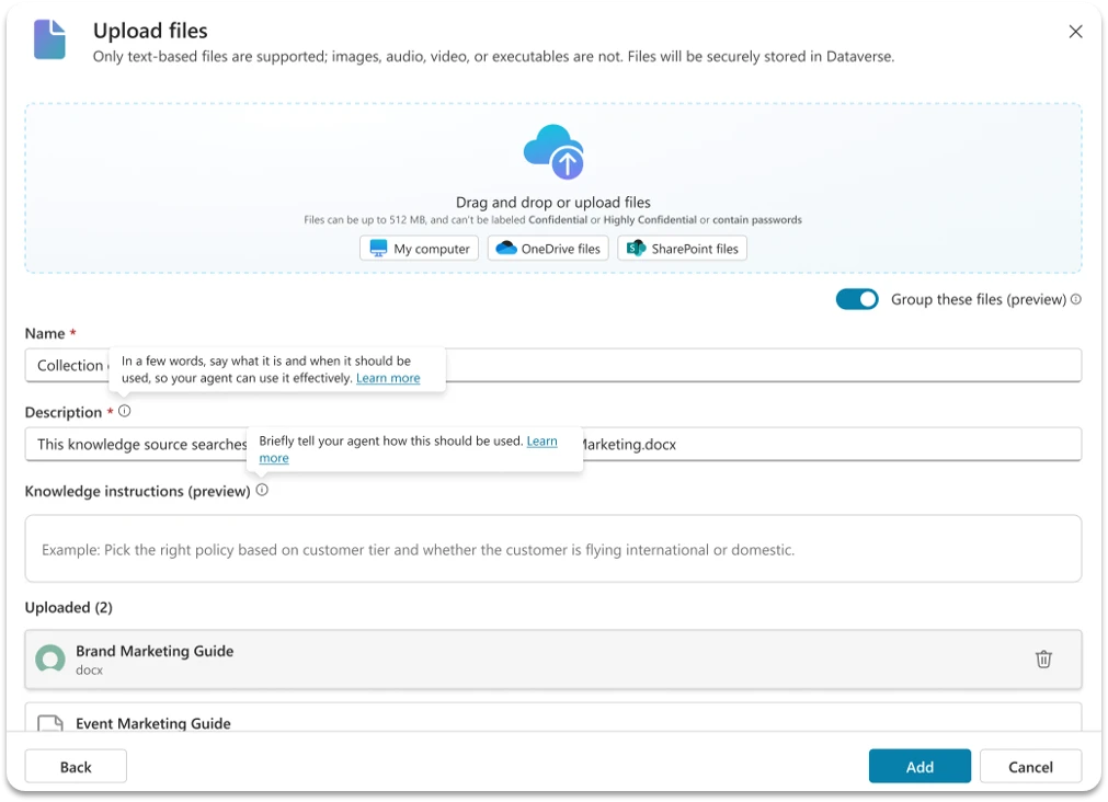 Copilot Studio screen called &ldquo;Upload files,&rdquo; where you can build a file collection as a single knowledge source.