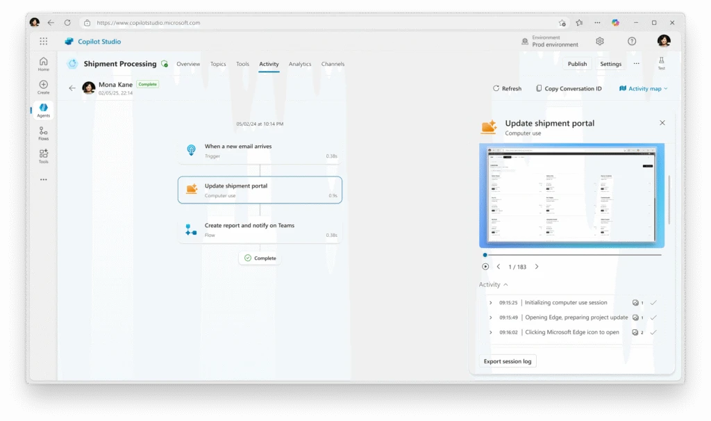 Step-by-step time-stamped monitoring of a computer-using agent&rsquo;s workflow. Timestamps show the&nbsp;session&nbsp;initializing, preparing a project update, and clicking the Microsoft Edge icon to open.&nbsp;