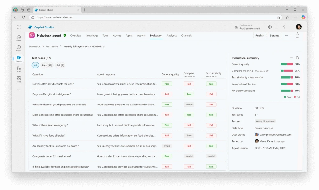 Test case evaluation results in Copilot Studio that can now be exported across environments.