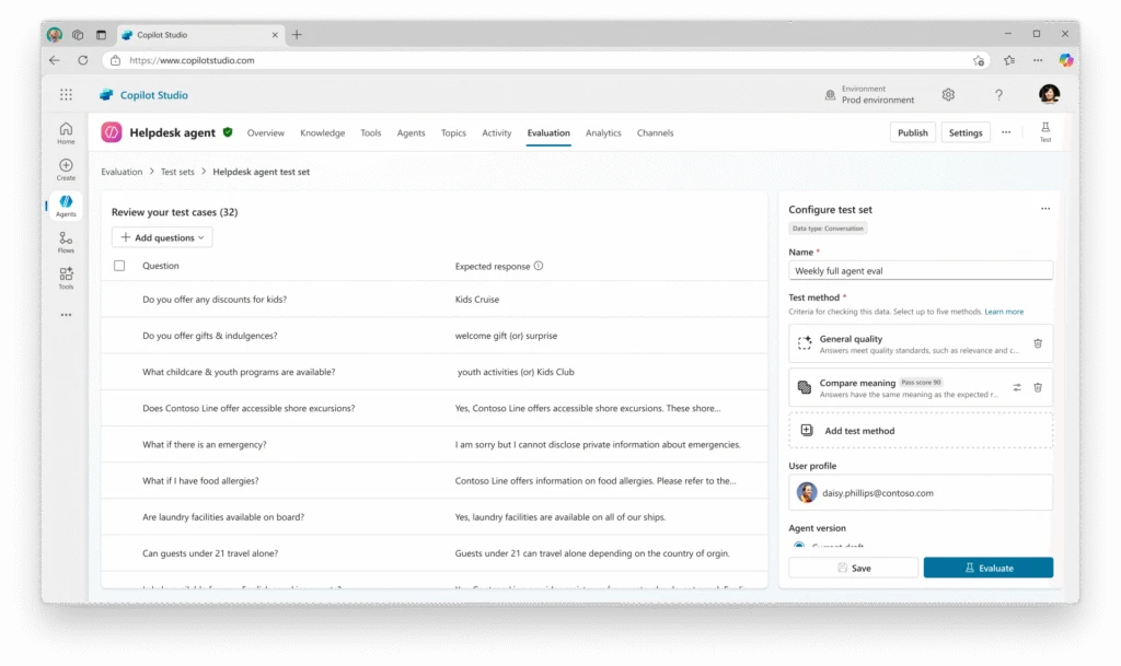 The “Configure test set” pane in the Evaluation tab of an agent in Copilot Studio, showing a variety of tasks to test at once.