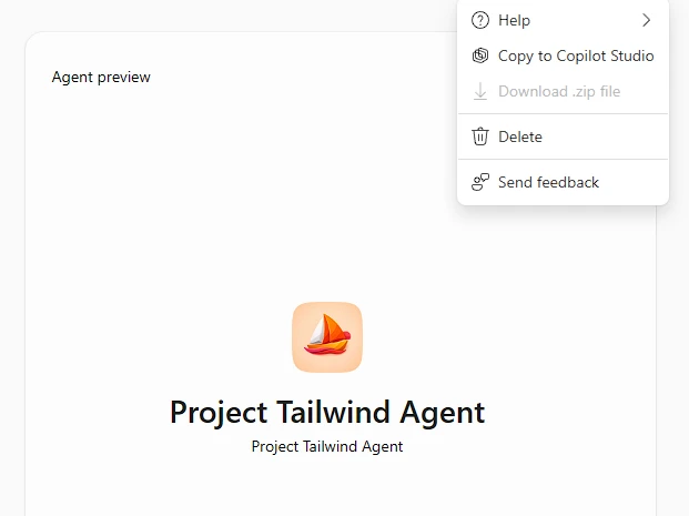 The “Copy to Copilot Studio” menu option inside an Agent Builder agent.