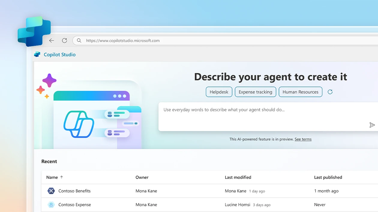A screenshot of the Agents view in Copilot Studio overlaid on a light blue and orange background, with the Copilot Studio logo overlaid on the top left of the screen shot