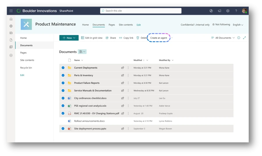 Screenshot showing the new "'Create an agent" option showcased within a SharePoint site named "Product Maintenance"