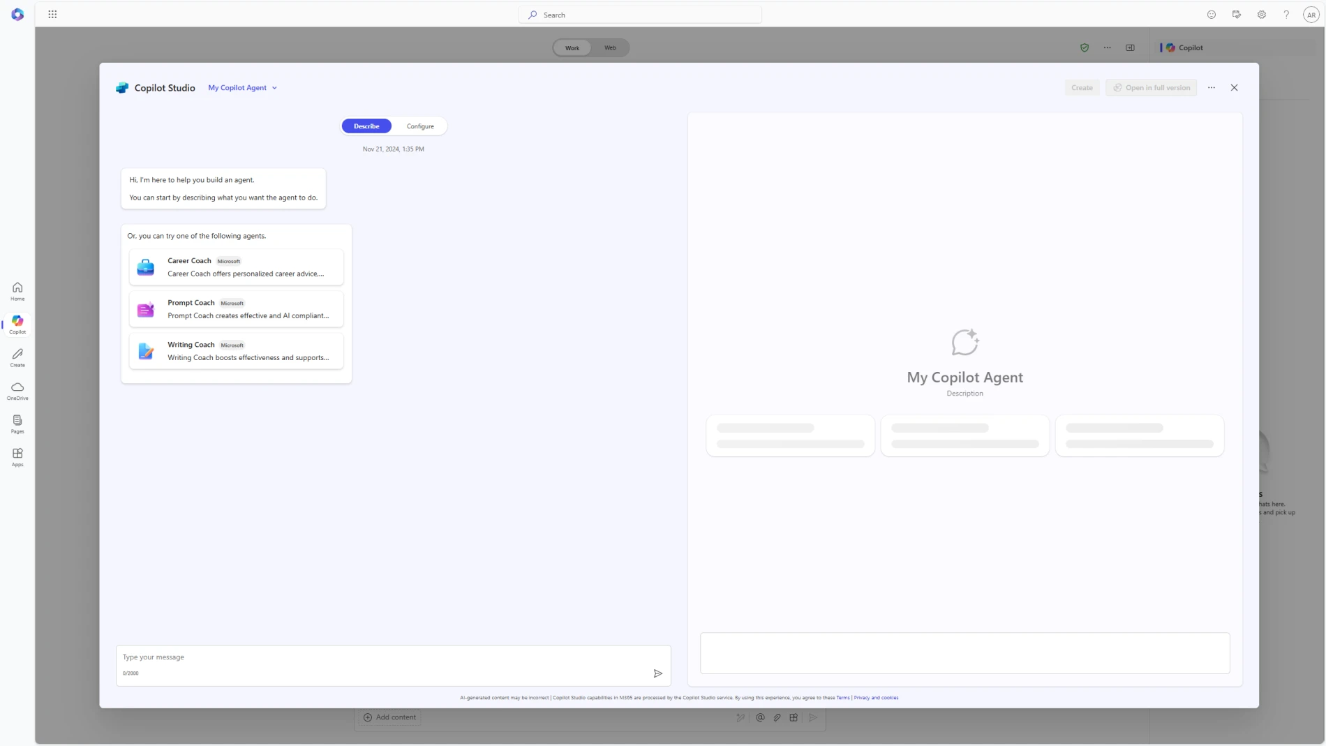 A screenshot of a list of three agents pre-built for you within the Copilot Studio agent builder Describe tab.