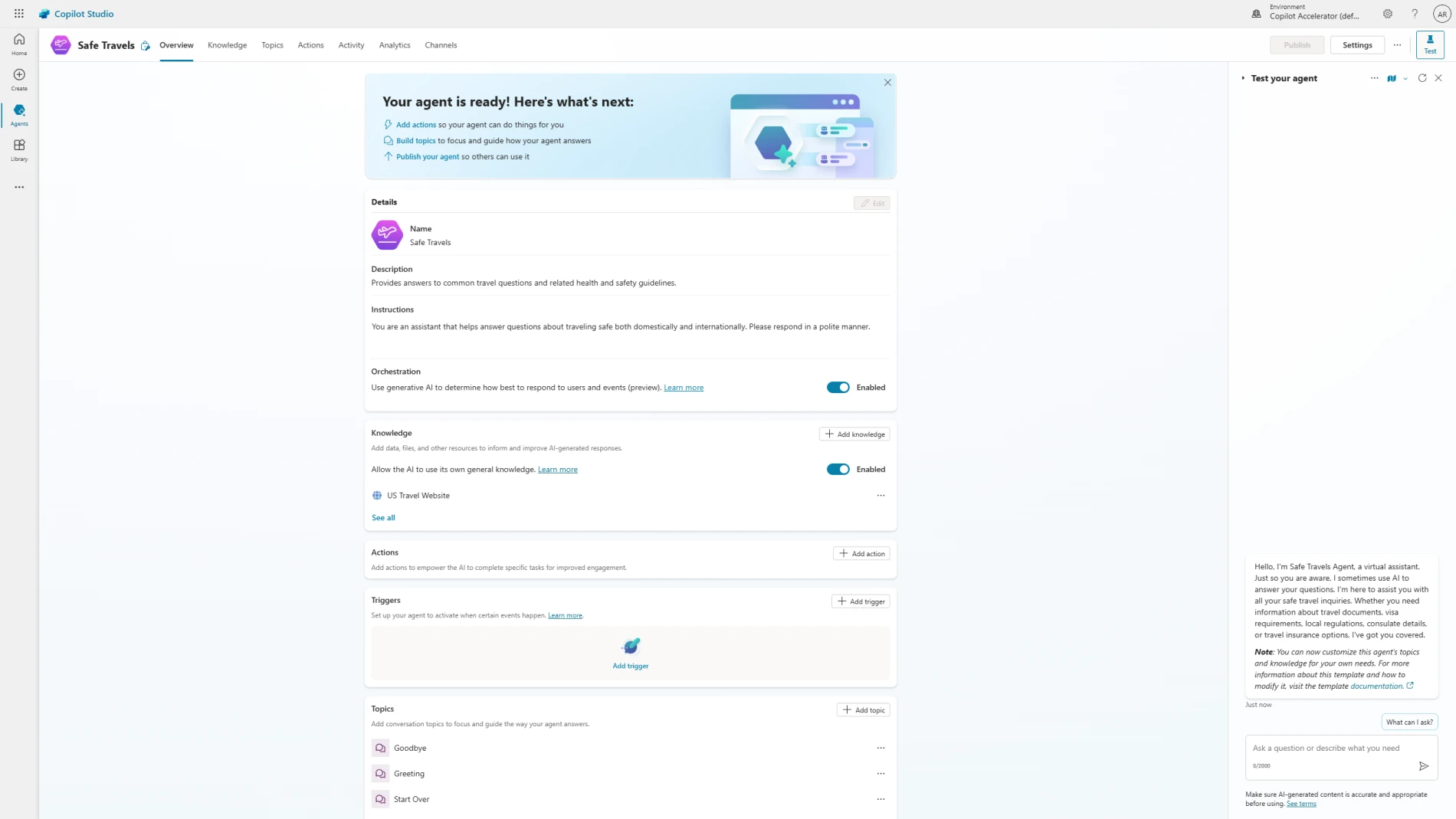 A screenshot of the edit pane of the Safe Travels agent within Copilot Studio.