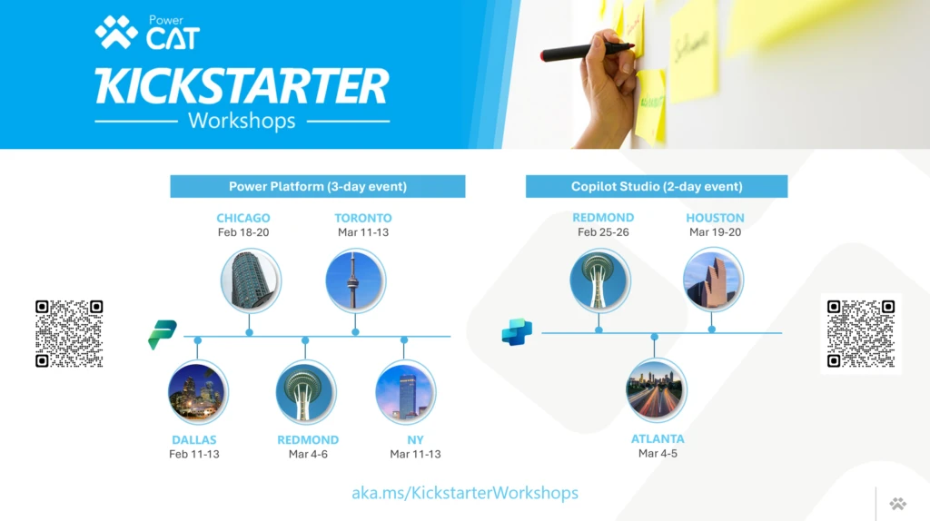 Banner image for Kickstarter workshops - showing list of cities and dates