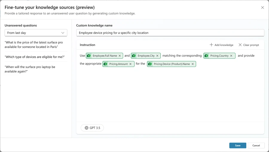Screenshot of interface showing how to fine-tune knowledge sources