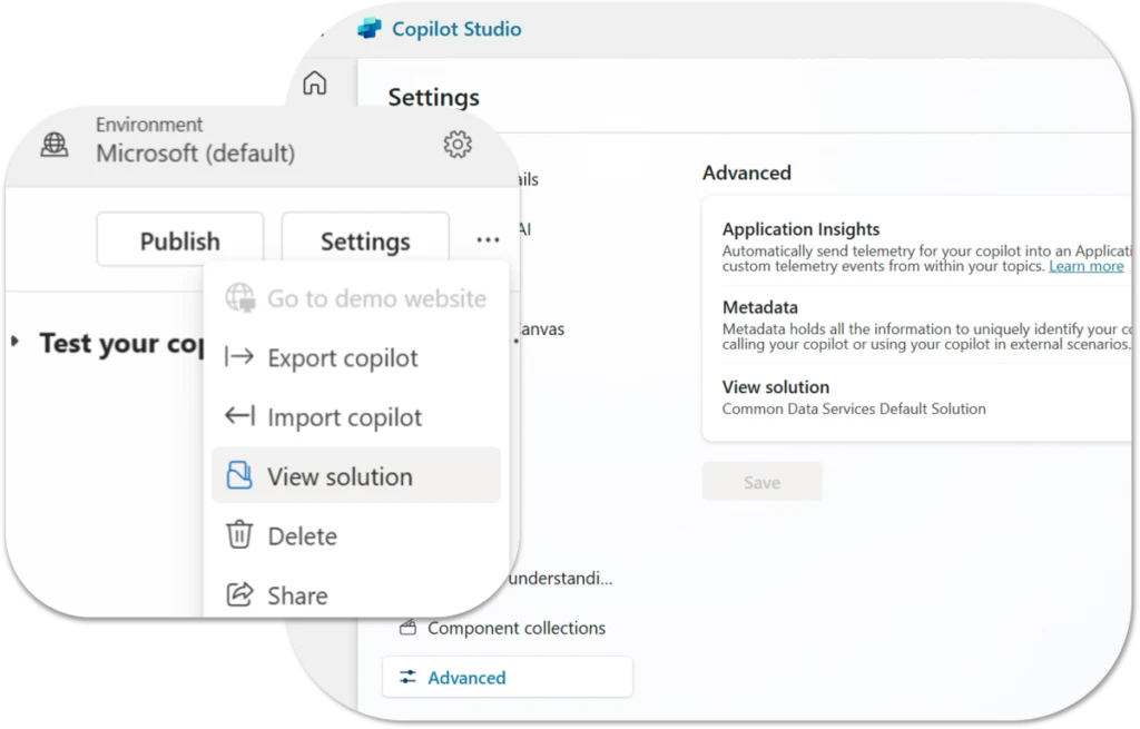 A screenshot of the process to get to custom solutions view in Microsoft Copilot Studio.