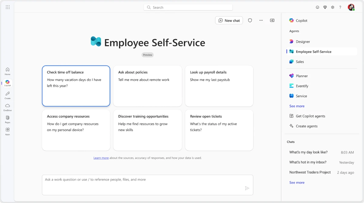 Screenshot of the Employee Self Service Agent embedded in Microsoft 365 Copilot