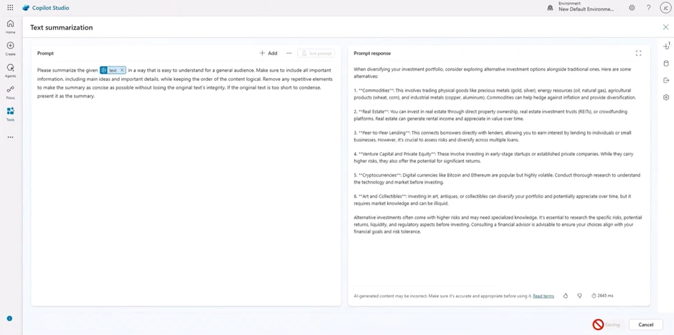 A screenshot of the copilot Studio prompt testing screen, showing the prompt on the left and the agent response on the right